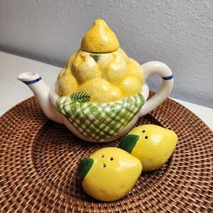 1990's Vintage Whimsical Lemon Teapot and Salt Pepper Shakers Set Ceramic Yellow